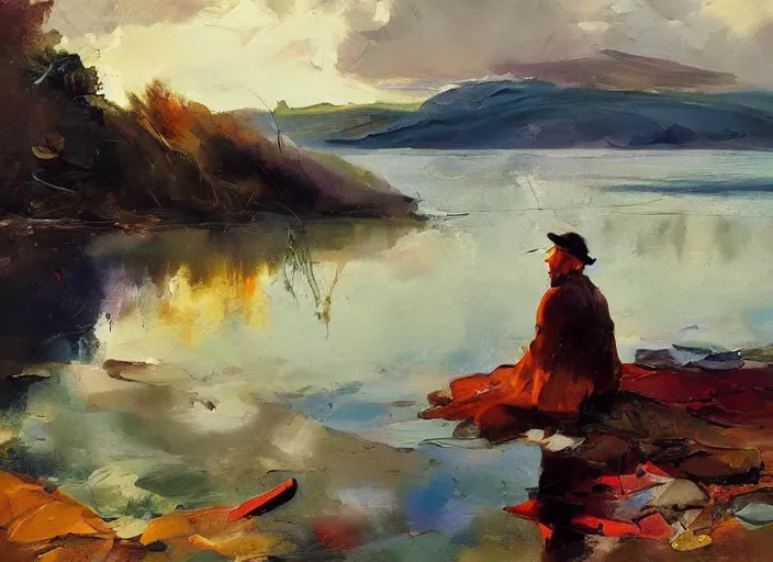 Image similar to palette knife, impasto oil painting of silent calm lake shore by hans hofmann, thick paint brush strokes, art by anders zorn, wonderful masterpiece by greg rutkowski, beautiful cinematic light, american romanticism by greg manchess, creation by tyler edlin