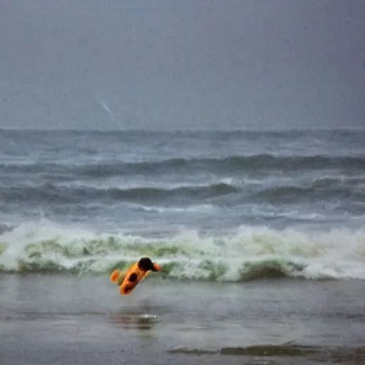 Prompt: A teddy surfing a high tide in a raining weather with thunderstrokes in background.