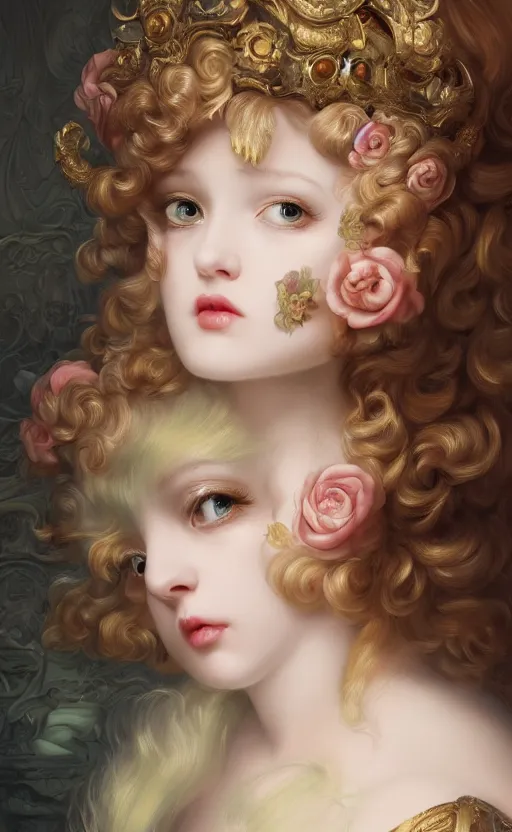 Image similar to pop surrealism, rococo, baroque hair, angelic young female seductive - fine - face, pretty face, key visual, realistic shaded perfect face, fine details by stanley artgerm lau, wlop, mark ryden, andrei riabovitchev, marc simonetti, and sakimichan, trending on artstation