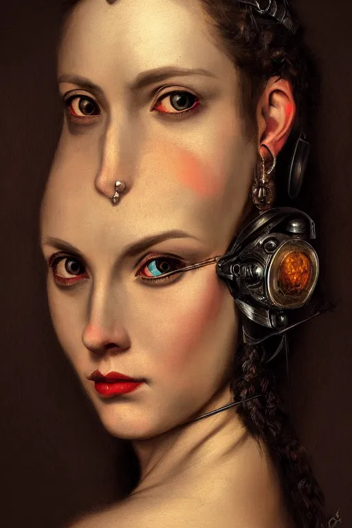 Prompt: dark portrait, headshot, digital painting, of a 17th century, beautiful cyborg girl merchant, dark hair, amber jewels, baroque, ornate clothing, scifi, futuristic, realistic, hyperdetailed, chiaroscuro, concept art, art by caravaggio