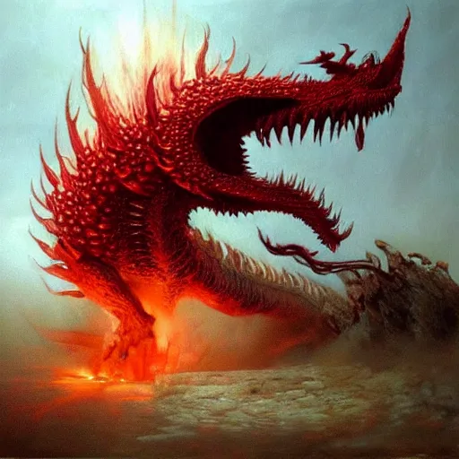 Image similar to A hyperrealistic oil painting of a ferocious highly detailed red dragon breathing fire, art by beksinski, trending on artstation