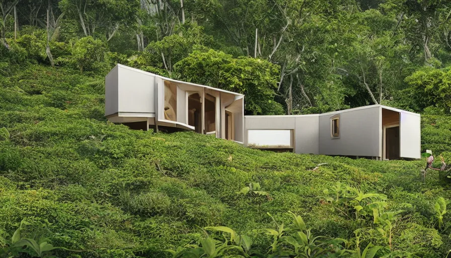 Image similar to A wide image of an eco-community neighborhood of innovative contemporary 3D printed prefab sea ranch style cabins with rounded corners and angles, beveled edges, made of cement and concrete, organic architecture, in a lush green forest Designed by Gucci and Wes Anderson, golden hour