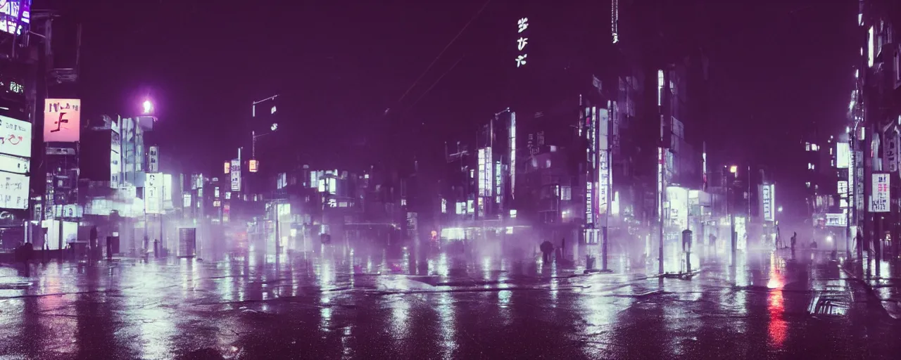 Image similar to a rainy Tokyo, fog surrounding the streets, midnight, neon lights, cinematic lighting, cineovision, purple clouds surrounding the dark sky