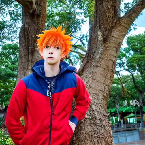 Image similar to orange - haired anime boy, 1 7 - year - old anime boy with wild spiky hair, wearing red jacket, standing under treehouse in city plaza, urban plaza, treehouse hotel, large tree, ultra - realistic, sharp details, subsurface scattering, blue sunshine, intricate details, hd anime, 2 0 1 9 anime