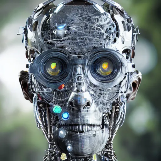 Image similar to very detailed portrait 55mm photo of a mechanical head without skin, with crystal bones and optic fiber nerves, gears in his head and cybernetic enhancements no plating. Packed with cybernetics. Has cameras for eyes. In the forest with bokeh. Ray tracing and tessellation. Very sharp high detailed 8k image