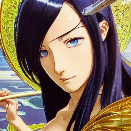 Image similar to highly detailed vfx portrait of nico robin by eiichiro oda!!!!, makoto shinkai, alphonse mucha, sharp focus, art by artgerm and greg rutkowski!, backlit, harsh overhead sunlight, blue eyes!!, large aquiline nose!!, stanley kybric, kaoru mori, detailed, best of behance,