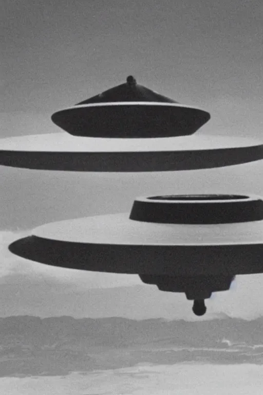 Image similar to still from vhs footage of ufo landing at military base