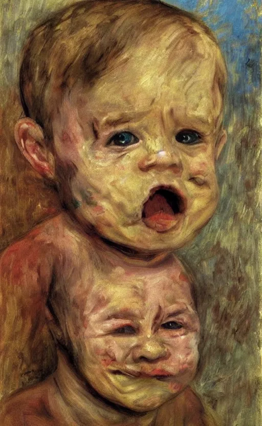 Prompt: baby with a adult face of Putin eating used up diapers covered in brown substance, Putin face of fear, ugly body painted by Lucian Freud, Ilya Repin