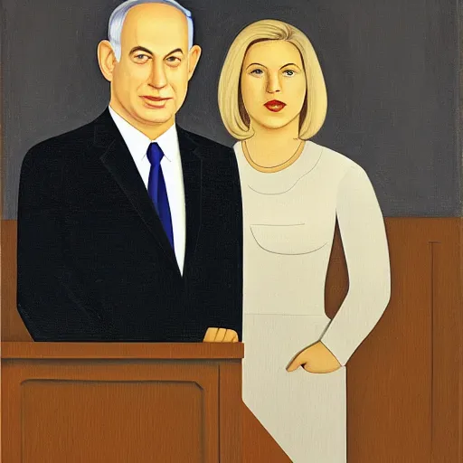 Image similar to A portrait of Benjamin Netanyahu and Sara Netanyahu by Grant Wood