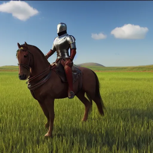 Image similar to knight riding a horse in a field, full 8 k highly detailed unreal engine 5 render