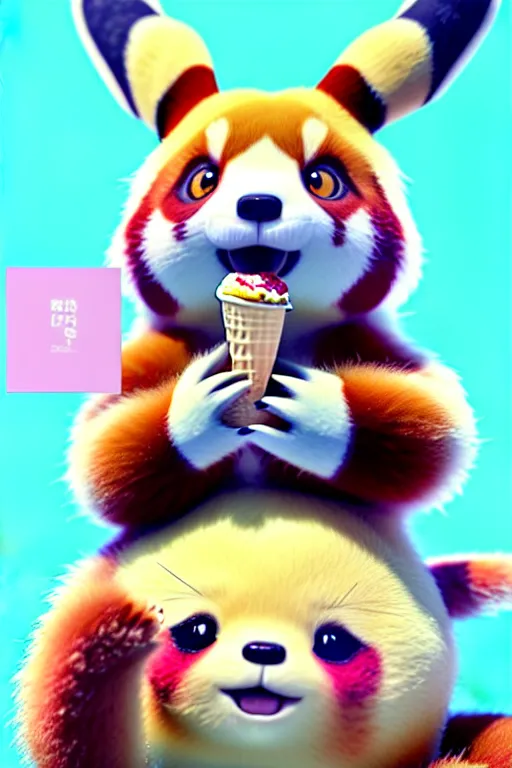 Image similar to high quality 3 d render hyperrealist very cute pastel fluffy red panda & koala hybrid eating giant ice cream, vray smooth, in the style of detective pikachu, hannah yata, very dramatic light, low angle, uhd 8 k, shallow depth or field