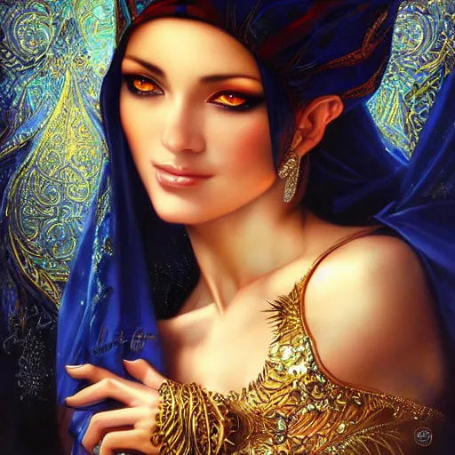 Prompt: a beautiful arabian woman by karol bak, ayami kojima, artgerm, arabian beauty, blue eyes, smile, concept art, fantasy