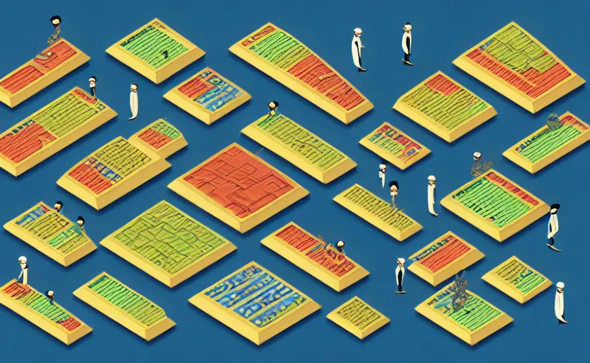 Image similar to 3 d isometric business dashboard with time series charts, pie plots and other modern graphics, with small creatures with many eyes. diego rivera ( in modern ukiyo - e style, mexican muralism ). ravi supa.