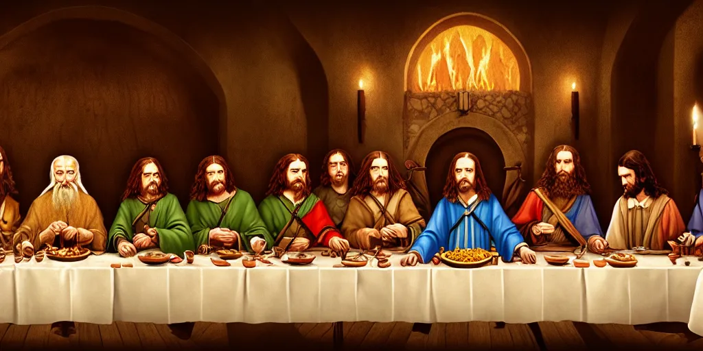 Image similar to lord of the rings last supper by wes anderson, digital painting, trending on artstation, sharp focus, 4 k