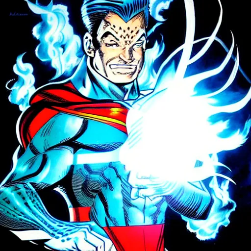 Image similar to a man in a blue suit standing in front of a fire ball, a comic book panel by jim lee, featured on deviantart, rayonism, dc comics, apocalypse art, parallax