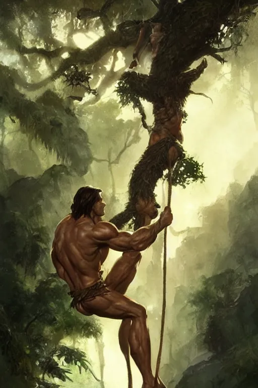 Prompt: tarzan swinging from a tree, by Frank Frazetta, Greg Rutkowski, Boris Vallejo, epic fantasy character art, Exquisite detail, post-processing, low angle, masterpiece, cinematic