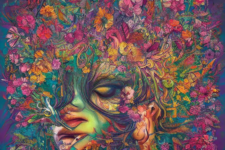 Prompt: a painting of a creature with flowers on its head, poster art by android jones, behance contest winner, generative art, made of flowers, grotesque, concert poster