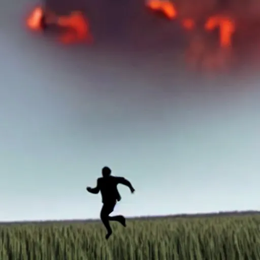 Image similar to cctv footage of a man running across a field, in the background is a large explosion, highly detailed, very realistic.