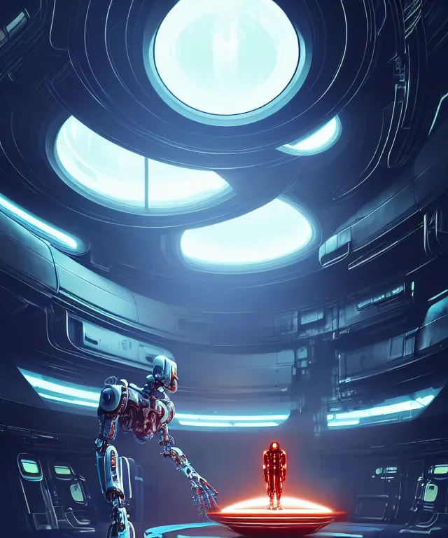 Prompt: futuristic cyborg-robot creating a painting in a huge retro-futuristic spaceship , burning halo, intricate artwork by Tooth Wu and wlop and beeple, greg rutkowski, very coherent symmetrical artwork, cinematic, hyper realism, high detail, octane render, unreal engine, 8k, Vibrant colors, Smooth gradients, High contrast, depth of field