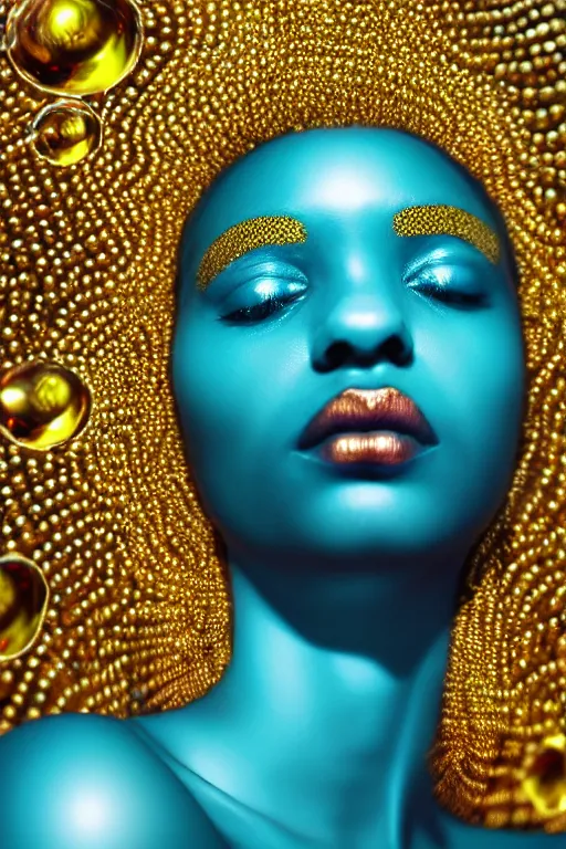 Image similar to hyperrealistic precisionist cinematic very expressive! oshun goddess, water mirror dripping droplet!, gold flowers, highly detailed face, digital art masterpiece, smooth eric zener cam de leon, dramatic pearlescent turquoise light on one side, low angle uhd 8 k, shallow depth of field