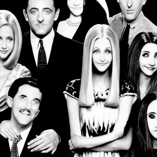 Prompt: the adams family, with the cast of friends, black and white