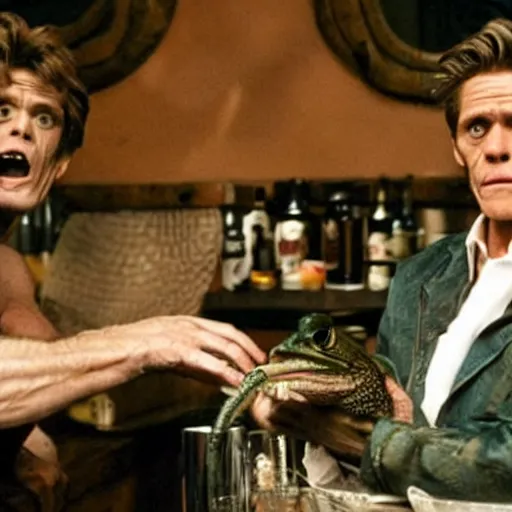 Image similar to willem dafoe and a huge toad sitting in a bar, frog, realistic, from a movie directed by martin scorsese