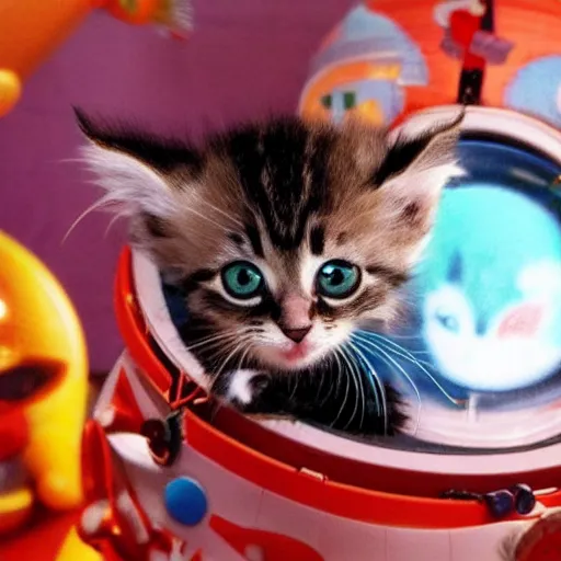 Prompt: a cute kitten riding on a rocket in space