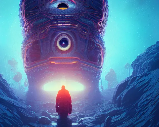 Image similar to portrait of mystic giant eye, intricate abstract. intricate artwork, by tooth wu, wlop, beeple, dan mumford. concept art, octane render, trending on artstation, greg rutkowski very coherent symmetrical artwork. cinematic, key art, hyper realism, high detail, 8 k, iridescent accents