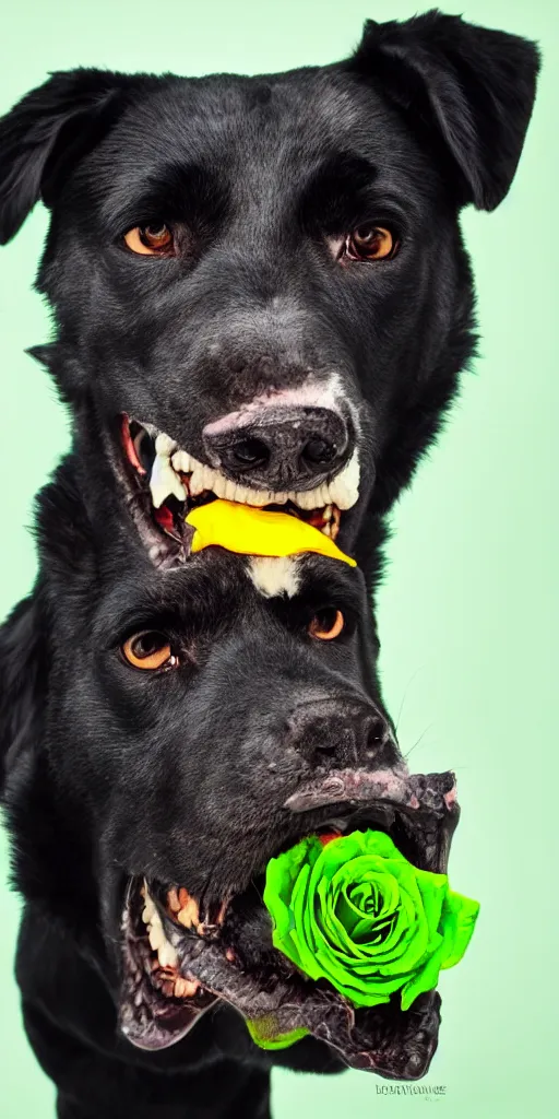 Image similar to black dog holding rose in his mouth, bright green eyes, studio lighting, 4 k, realistic, chromatic abberation, global illumination