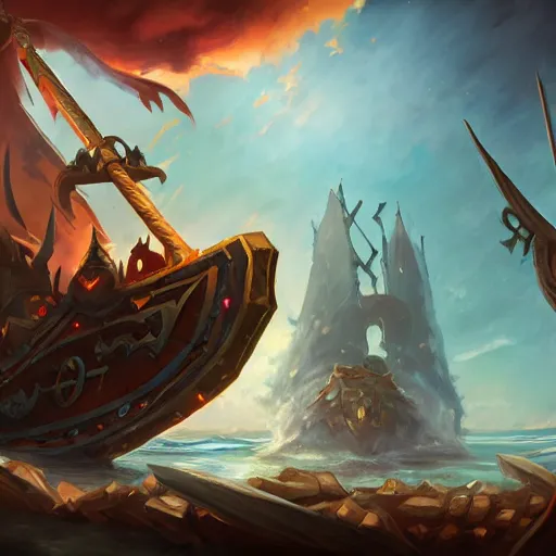 Prompt: arcane style viking battleship, viking cannons, viking spears and axes. spear and axes, sea background, bright art masterpiece artstation. 8 k, sharp high quality artwork, concept art by tooth wu, blizzard warcraft artwork, hearthstone card artwork