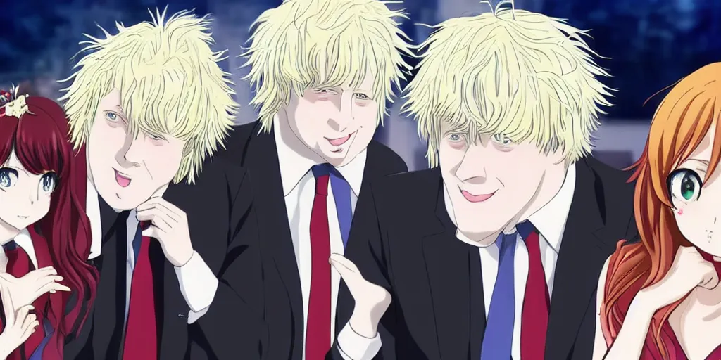 Prompt: an anime about a romance between boris johnson and satan