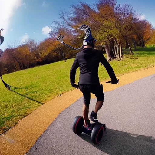 Image similar to man naruto running on electric onewheel unicycle scooter, gopro, sports action, cinematic, product image
