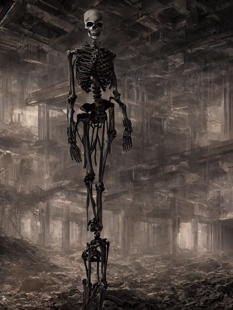 Image similar to portrait of a cyborg skeleton, standing in a hall of abandoned ancient megacomplex; hyperrealistic, 4K wallpaper, cinematic lighting, highly detailed and beautiful