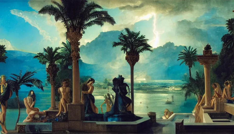 Image similar to From Inside the giant Palace, mediterranean balustrade and columns, refracted line and sparkles, thunderstorm, greek pool, beach and Tropical vegetation on the background major arcana sky and occult symbols, by paul delaroche, hyperrealistic 4k uhd, award-winning, very detailed paradise