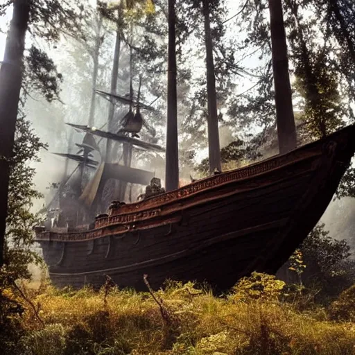 Prompt: a pirate ship in the forest, cinematic, atmospheric lighting, full ship in frame