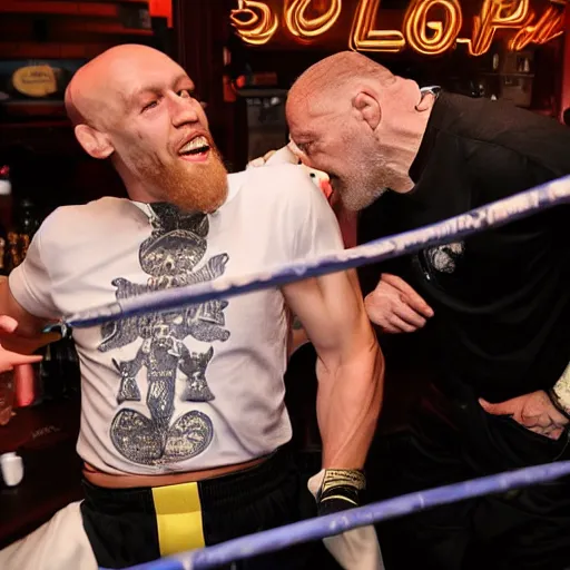 Prompt: Conor McGregor slapping a frail elderly man inside a bar