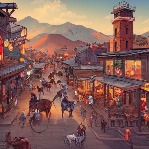 Image similar to old western town, extremely detailed, sharp focus, wide view, full body shot, smooth, digital illustration, by james jean, by rossdraws, frank franzzeta, sakimichan