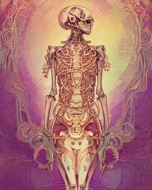 Prompt: glitch art bionic skeleton, vaporwave, highly detailed, very intricate, art nouveau, gold filigree, romantic storybook fantasy, soft cinematic lighting, award - winning, disney concept art watercolor illustration by mandy jurgens and alphonse mucha and alena aenami, pastel color palette, featured on artstation