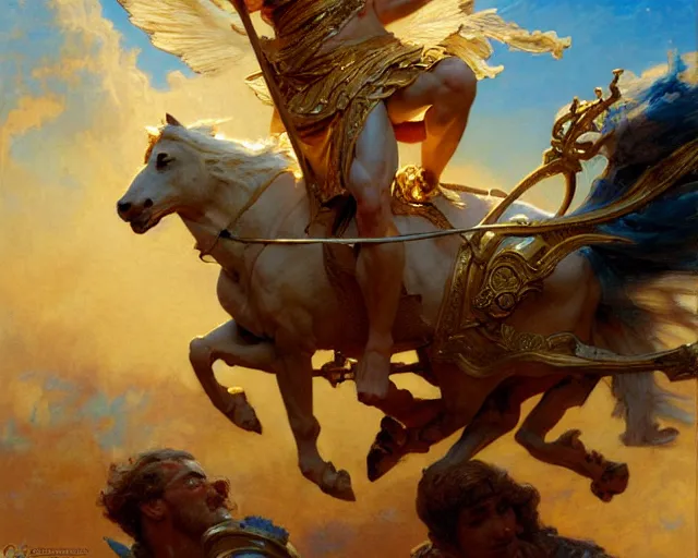 Image similar to attractive apollo greek god, riding his fire chariot. highly detailed painting by gaston bussiere, craig mullins, j. c. leyendecker 8 k