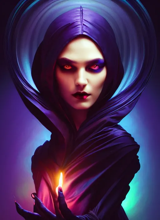 Image similar to e - book cover, side portrait, dark witch with black hood and evil eyes, realism, soft, smooth, luminescent, art nouveau tarot, backlit glow, colorful swirly ripples, gaudy colors, aesthetic octane render, unreal engine, 8 k, by artgerm, greg rutkowski, alphonse mucha