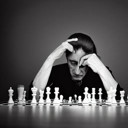 Image similar to close-up portrait of Marcel Duchamp playing chess against a minimal machine, long exposure, minimal composition, packshot, archival pigment print