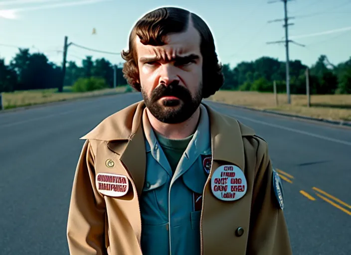 Image similar to film still of jim hopper as mike wheeler in stranger things, 8 k