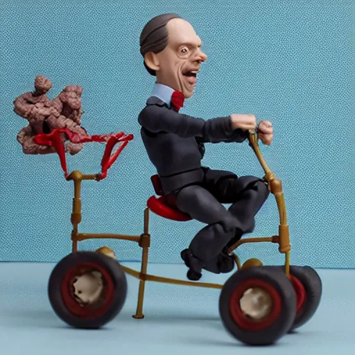 Image similar to product photography of a claymation action figure steve buscemi riding a children's tricycle, depth of field, zeiss lens, detailed, centered, by nicoletta ceccoli, mark ryden, erwin olaf, earl nore, frank frazetta, breathtaking, 8 k resolution, extremely detailed, beautiful, establishing shot, hyperrealistic