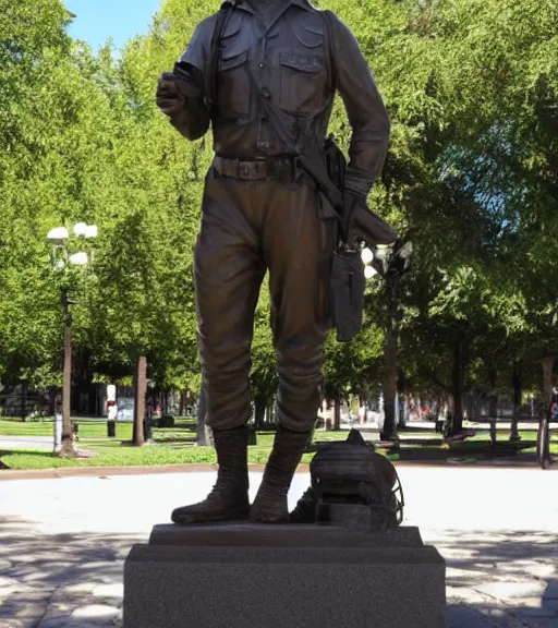 Prompt: a 4 k photorealistic photo medium shot waist up of a bronze statue of a young american soldier with a beard in a park