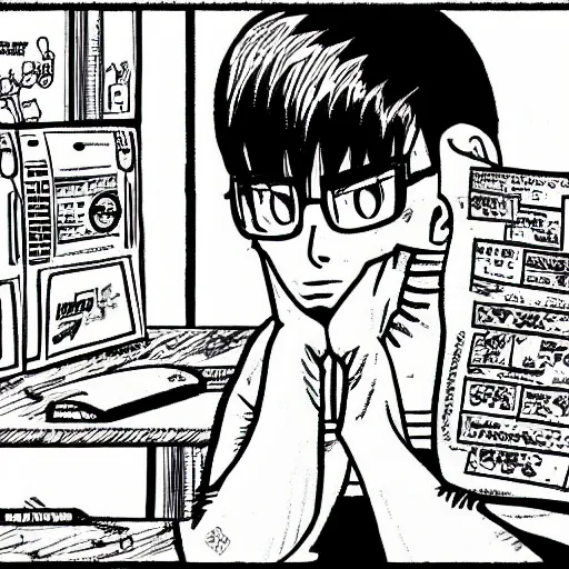 Image similar to portrait of bored saitama sitting in front of a computer by yusuke murata and mcbess