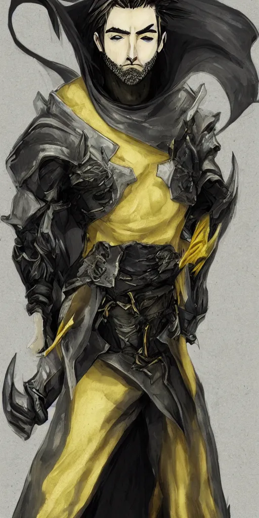 Image similar to Photo of the character with pale ash-colored skin, yellow eyes with vertical pupils, black thick hair with a touch of gray to the shoulders, with neat stubble, similar to a small beard and with a strong build. He wore a plain old shirt, with a light leather armor over it, and leather pants with a belt, and a floor-length hooded cloak over his back, beautiful light, cinematic, sharp focus, digital art, full body, elegant, highly detailed, 8k, photorealism