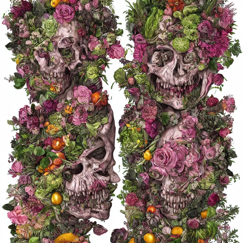 Prompt: hyper-detailed single portrait of a zombie straightedge punk made out of fruits, vegetables and large flowers in the Baroque style of Arcimboldo, crystalline skin, cinematic lighting, cartoonish, Studio Ghibli, dull pink background,