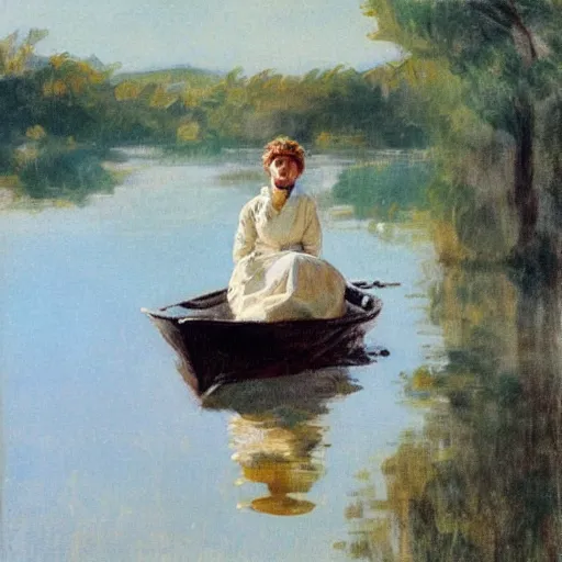 Prompt: An edwardian woman sitting in a boat on a calm lake in the style of Anders Zorn