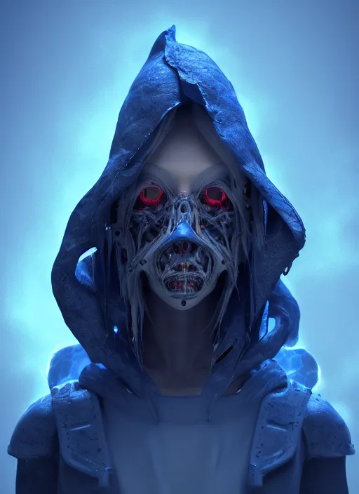 Prompt: character design, biomechanical arcanist, tattered hood, blue lightning, blue mist, smoke, scary, photorealistic, cinematic, hyper realistic, octane render, 8 k, wide angle