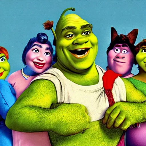 Image similar to shrek 1 9 8 0 s pop band, detailed facial expressions, surrealism aesthetic
